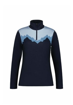 Marineblauer Pullover mit langen Ärmeln und hohem Kragen, ausgestattet mit einer hellblauen Berggrafik auf der oberen Vorderseite und einem halben Reißverschluss. Aus weichem Material.