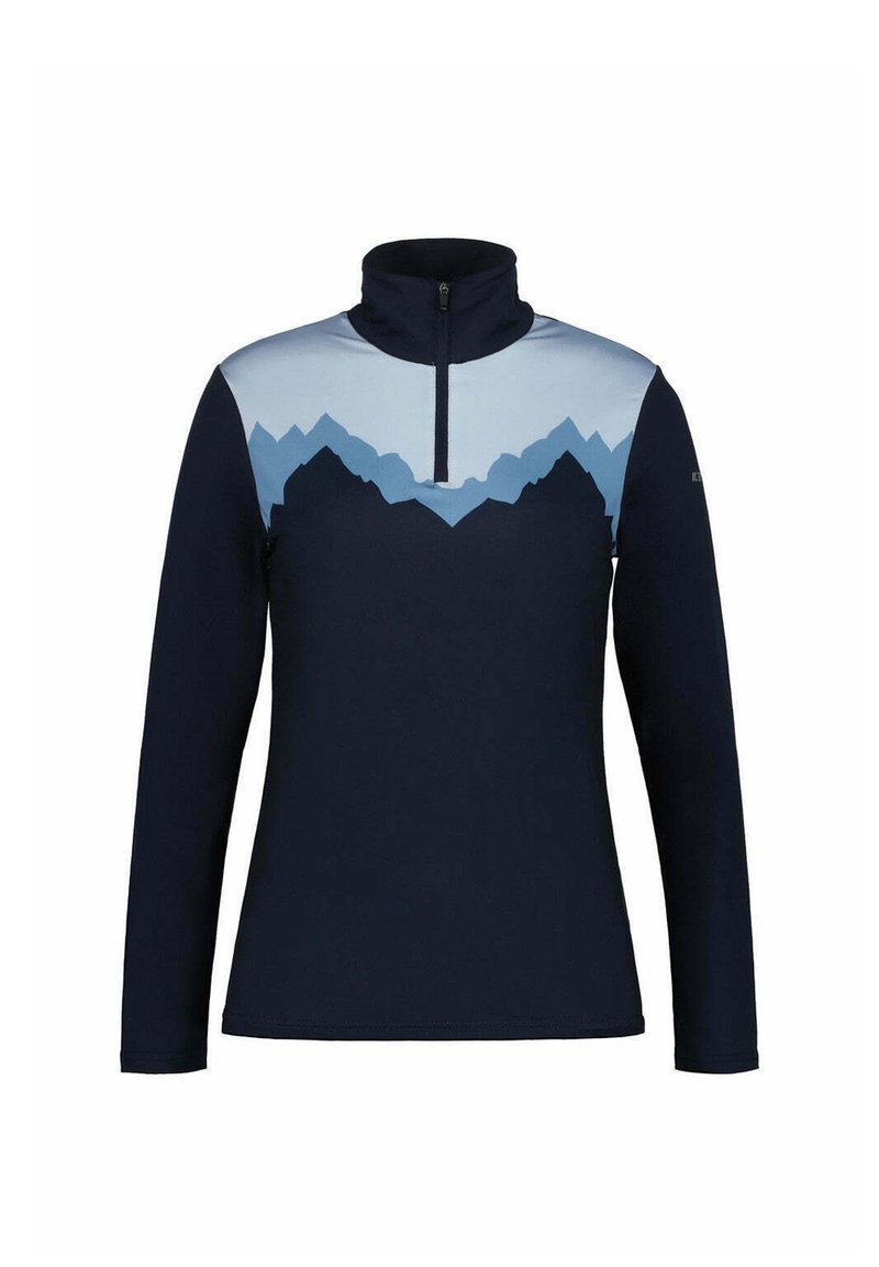 Marineblauer Pullover mit langen Ärmeln und hohem Kragen, ausgestattet mit einer hellblauen Berggrafik auf der oberen Vorderseite und einem halben Reißverschluss. Aus weichem Material.