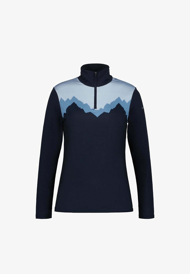 Marineblauer Pullover mit langen Ärmeln und hohem Kragen, ausgestattet mit einer hellblauen Berggrafik auf der oberen Vorderseite und einem halben Reißverschluss. Aus weichem Material.