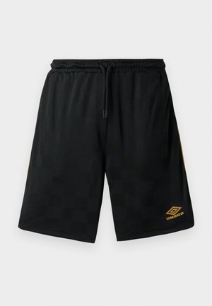 Shorts sportivi neri con un sottile motivo a quadri, vita elastica con cordino, logo Umbro dorato sulla gamba inferiore e strisce laterali dorate.