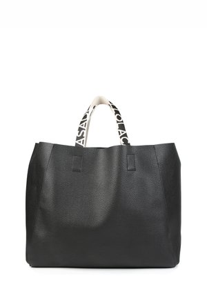 Black textured leather tote bag with a wide open top and two handles featuring a patterned white strap. Simple design, rectangular shape.