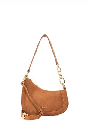 Brown suede shoulder bag with a curved shape, gold chain and strap accents, and a zipper closure. Logo "Dune" embossed on the front.