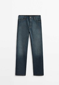 Jeans en denim bleu foncé avec une coupe droite. Comprend un style classique à cinq poches, une fermeture à bouton en métal et des effets de décoloration subtils.