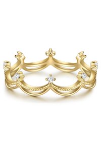 Gold crown ring featuring smooth, curved design with bead detailing and four sparkling clear gemstones evenly placed along the band.