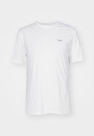 Weißes Baumwoll-T-Shirt mit Rundhalsausschnitt, kurzen Ärmeln und einem kleinen gedruckten Logo im linken Brustbereich. Weicher Stoff, normale Passform.