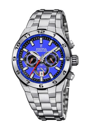 Reloj de acero inoxidable plateado con un dial azul, acentos negros, marcadores luminiscentes, funciones de cronógrafo y resistencia al agua de hasta 10 bares.