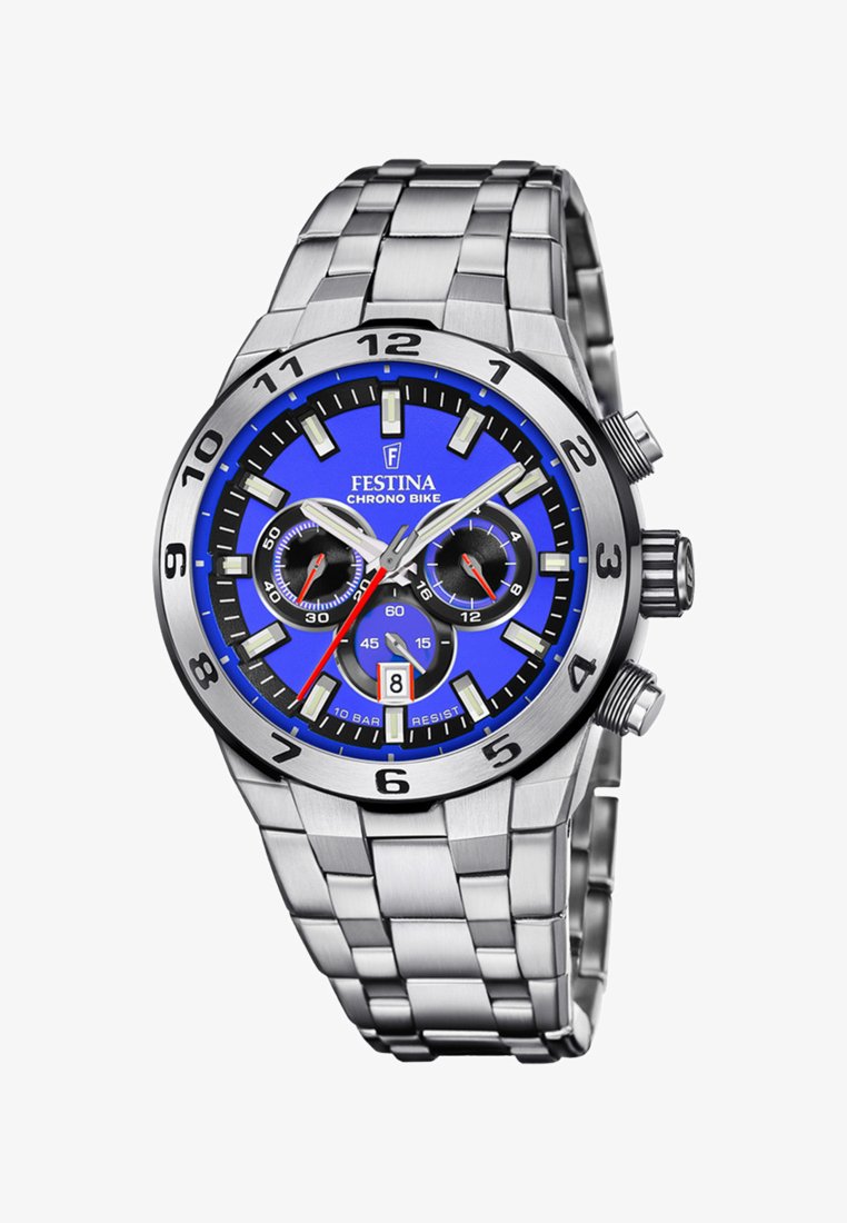 Orologio in acciaio inossidabile argentato con quadrante blu, dettagli neri, indicatori luminescenti, funzioni cronografiche e resistenza all'acqua fino a 10 bar.
