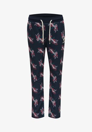 Marinefarbene Jogginghosen mit floralem Muster in Rot und Grün, Kordelzugbund und elastischen Bündchen. Hergestellt aus weichem, dehnbarem Stoff.