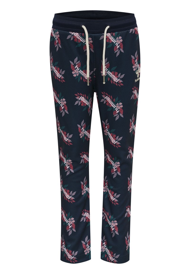 Marine joggers met een bloemmotief in rood en groen, met een trekkoord in de taille en elastische boorden. Gemaakt van een zachte, rekbare stof.