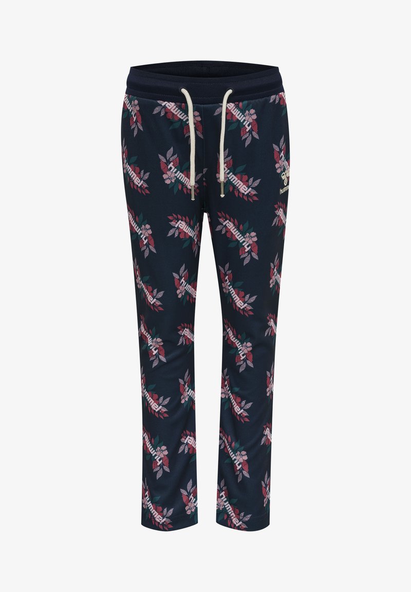 Marineblå joggingbukser med blomsterdesign i rød og grøn, med snor i taljen og elastiske manchetter. Lavet af blødt, strækbart stof.