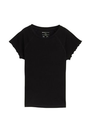 Crna majica kratkih rukava s okruglim izrezom, izrađena od mekog materijala. Ima zaobljene rubove na rukavima i minimalne detalje šivanja.