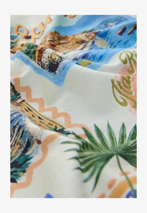 Cotton fabric featuring colorful coastal scenes, palm leaves, and wavy patterns in orange and blue tones, with a textured appearance.