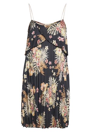 Schwarzes ärmelloses Midikleid mit dünnen Trägern, plissiertem Rock und tropischem Blumenmuster in Gelb-, Orange- und Pinktönen.