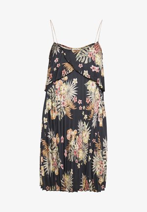 Robe midi noire sans manches avec fines bretelles, jupe plissée et imprimé floral tropical dans des nuances de jaune, orange et rose.