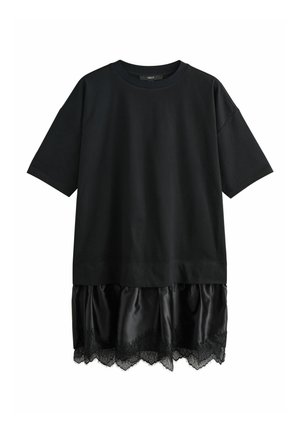 Black short-sleeve dress with a loose fit, featuring a layered shiny satin section with lace trim at the hem.