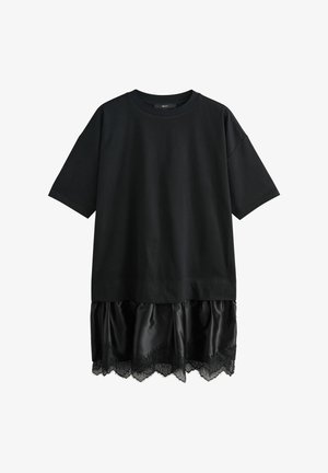 Black short-sleeve dress with a loose fit, featuring a layered shiny satin section with lace trim at the hem.