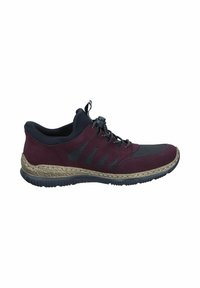 Burgundy athletic shoe with black mesh accents, textured sole, and lace-free design. Features a rubber outsole and cushioned collar.