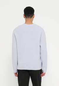 Gaiši lavandas krāsas adīta džemperis ar garām piedurknēm, apaļu kakla izgriezumu, brīvu piegriezumu un ribotu detaļu pie piedurknēm un apakšmalas.