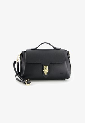 Schwarze Lederhandtasche mit strukturiertem Finish, goldener Hardware, einem oberen Griff und einem verstellbaren Schulterriemen. Verfügt über einen Frontklappenverschluss.