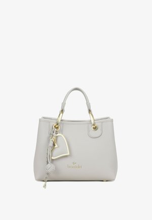 Borsa a mano in pelle grigio chiaro con accessori dorati, doppi manici, ciondolo dorato a forma di cuore e logo "Braccialini" sul davanti.
