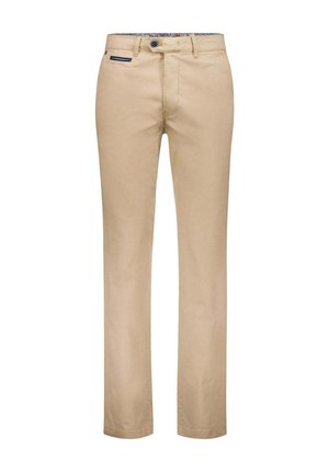 Beige Herren-Freizeithosen mit Knopfverschluss, Reißverschluss, Gürtelschlaufen und einem kleinen marineblauen Detail an der vorderen Tasche.