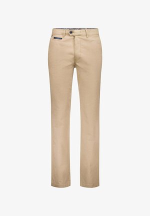 Beige Herren-Freizeithosen mit Knopfverschluss, Reißverschluss, Gürtelschlaufen und einem kleinen marineblauen Detail an der vorderen Tasche.