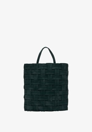 Borsa a rete verde scuro con manici robusti, caratterizzata da una forma quadrata strutturata e una finitura texture.
