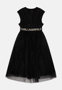 Black dress with a fitted bodice, cap sleeves, and a voluminous tulle skirt. Features a 'KARL LAGERFELD' logo belt at the waist.