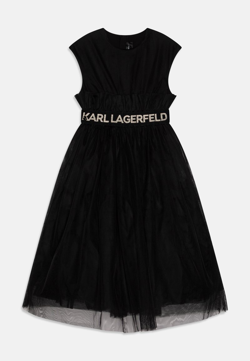 Black dress with a fitted bodice, cap sleeves, and a voluminous tulle skirt. Features a 'KARL LAGERFELD' logo belt at the waist.