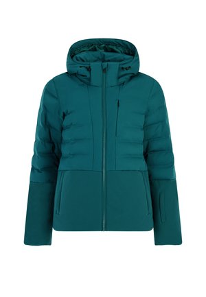 Tealowa kurtka puchowa z kapturem, o strukturalnym fasonie, zapinana na zamek błyskawiczny, z bocznymi kieszeniami. Gładka faktura z pikowanymi akcentami.