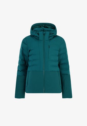 Teal puffer jacket with a hood, featuring a structured design, zip closure, and side pockets. Smooth texture with quilted accents.