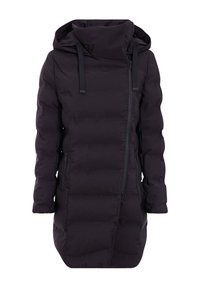 Schwarze gepolsterte Parka mit Kapuze, diagonalem Reißverschluss, zwei Seitentaschen und einer eleganten, glatten Textur.