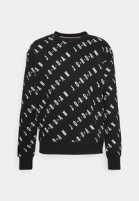 Sudadera negra con un patrón de texto blanco repetido que dice "JORDAN." Cuello redondo estándar y puños ajustados. Material de algodón suave.