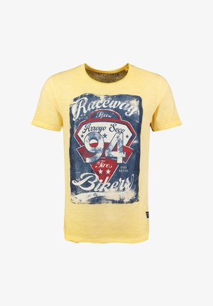 Żółta bawełniana koszulka z okrągłym dekoltem, z niebiesko-czerwonym nadrukiem graficznym tarczy z napisem "Raceway" i "Bikers".