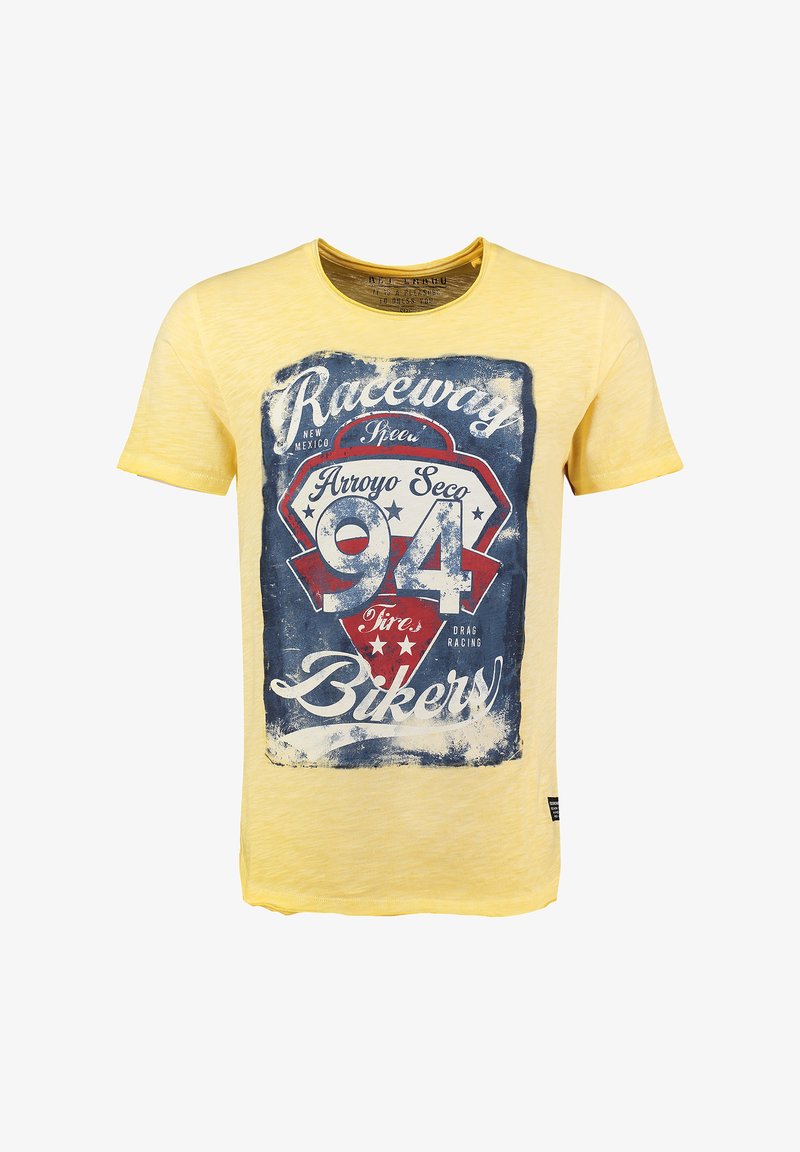 Gelbes Baumwoll-T-Shirt mit Rundhalsausschnitt, verziert mit einem blauen und roten Grafikdruck eines Schildes mit dem Text "Raceway" und "Bikers".