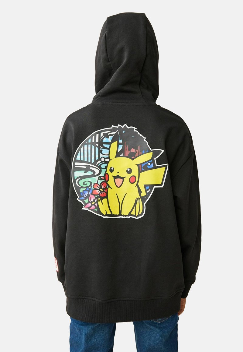 Black hooded sweatshirt featuring a large, colorful Pikachu graphic surrounded by tropical flowers and abstract patterns on the back.