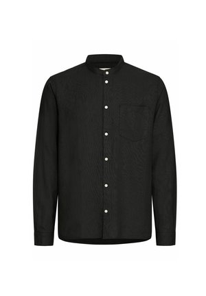 Czarna koszula z długim rękawem i kołnierzykiem mandaryńskim, z kieszonką z przodu i białymi guzikami. Wykonana z teksturowanej tkaniny, z zaokrąglonym dołem.