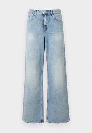 Jeans denim a gamba larga di colore azzurro chiaro con tasche anteriori, passanti per cintura, chiusura con bottone e leggera scoloritura sulle cosce.