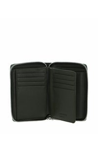 Portefeuille en cuir vert avec une fermeture éclair, doté de plusieurs emplacements pour cartes et d'un intérieur texturé. Marqué "PICARD" et "ALLEMAGNE".