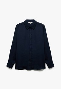 Navy blue long-sleeve shirt with a collar, button front, and a relaxed fit. Smooth texture, featuring cuffs and a rounded hem.