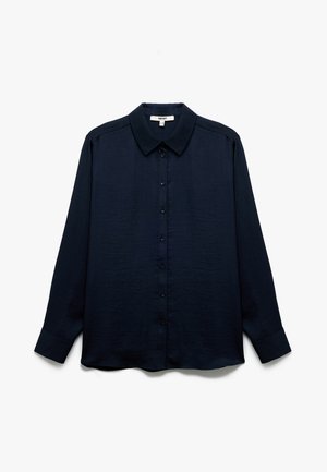 Navyblauwe langemouwenhemd met een kraag, knopenvoorzijde en een relaxte pasvorm. Soepele textuur, met manchetten en een afgeronde zoom.