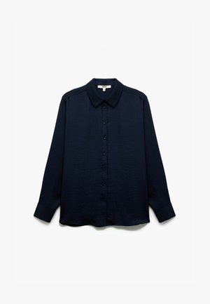 Navyblauwe langemouwenhemd met een kraag, knopenvoorzijde en een relaxte pasvorm. Soepele textuur, met manchetten en een afgeronde zoom.