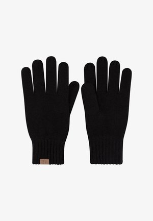 Schwarze gestrickte Handschuhe mit einem gerippten Bündchen. Sie verfügen über fünf Finger, eine glatte Textur und ein kleines Lederetikett am Handgelenk.