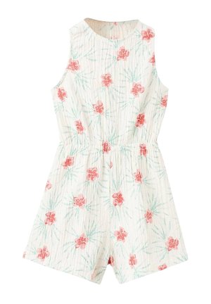 Combinaison blanche sans manches avec imprimé floral rose et détails de feuilles vertes, avec un col rond et une taille élastique.
