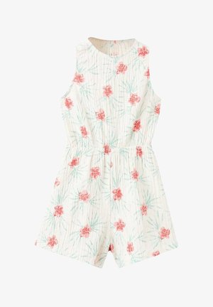 Combinaison blanche sans manches avec imprimé floral rose et détails de feuilles vertes, avec un col rond et une taille élastique.