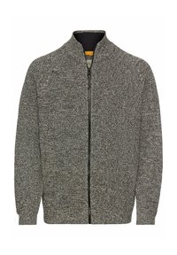 Grauer Zip-Up-Pullover mit strukturiertem Strickdesign, hohem Kragen und schwarzem Reißverschluss. Verfügt über Raglanärmel und gerippte Bündchen.