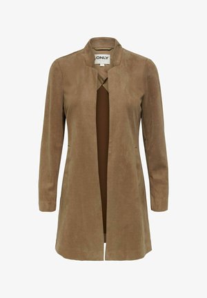 Brown faux suede coat with a mandarin collar, open design, two side pockets, and long sleeves, featuring a smooth texture and minimalist style.