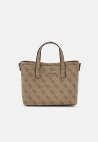 Hnědá taška přes rameno se vzorem vyrobená z umělého materiálu. Obsahuje dva krátké popruhy a logovou destičku na přední straně. Kompaktní design.