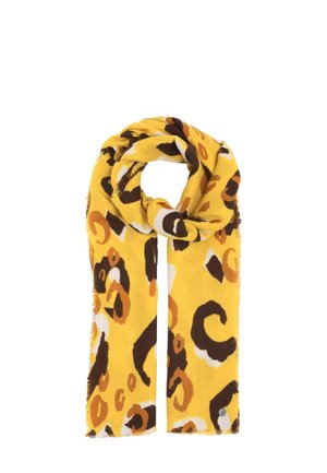 Gelber Schal mit Leopardenmuster in Braun, Orange und Weiß, in der Mitte gefaltet und geschlungen auf weißem Hintergrund.