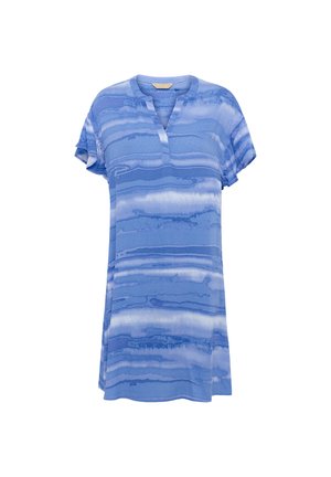 Niebieska bluzka krótki rękaw z dekoltem w serek, z poziomym falistym wzorem w różnych odcieniach niebieskiego i białego. Lekki materiał, luźny krój.